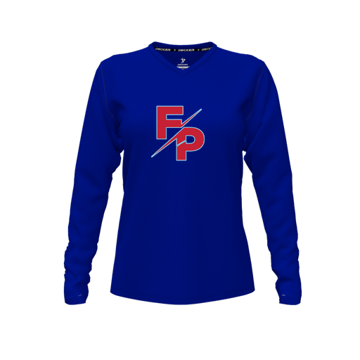 [CUS-DFW-TEES-PER-VNK-LSL-RYL-FYXS-LOGO2] Performance T-Shirt (Female Youth XS, Royal, V Neck, Logo 2, Long Sleeve)