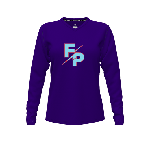 [CUS-DFW-TEES-PER-VNK-LSL-PUR-FYXS-LOGO1] Performance T-Shirt (Female Youth XS, Purple, V Neck, Logo 1, Long Sleeve)